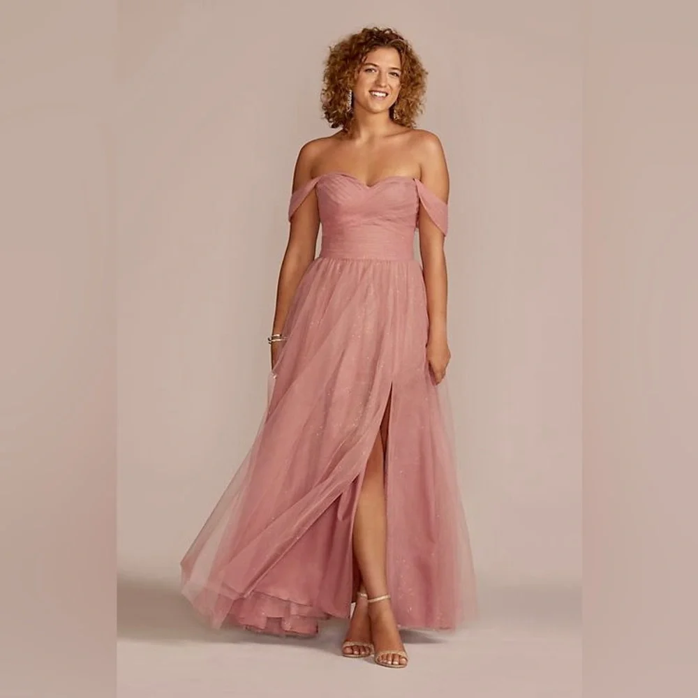Off The Shoulder Glitter Tulle Ball Gown Prom Dress NWT Removable Straps!! Slit - Picture 1 of 6